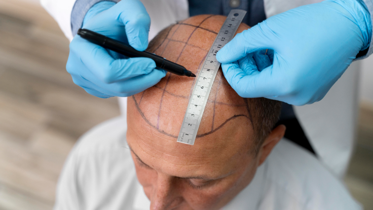 A doctor taking measurement of patients head using scale to treat Bio-Fue Hair Transplant treatment.