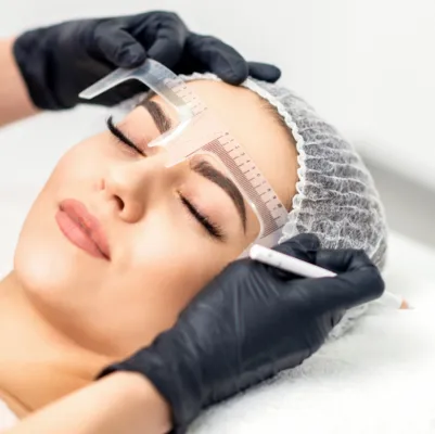 Doctor who specializes in beauty treatments is measuring a woman's eyebrows with tools to treat her.