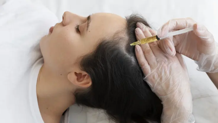 While wearing white gloves, a doctor injects a woman with GFC Pro to increase her hair growth.