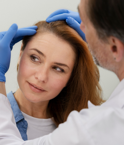 A doctor wearing gloves treats a woman who shows her head for a bio / fue hair transplant treatment.