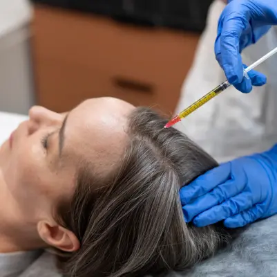 A doctor wearing gloves injects a woman's head for platelet-rich plasma hair transplant treatments.