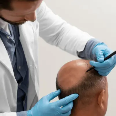 A man receiving a hair transplant from a physician in a hair clinic in a professional setting