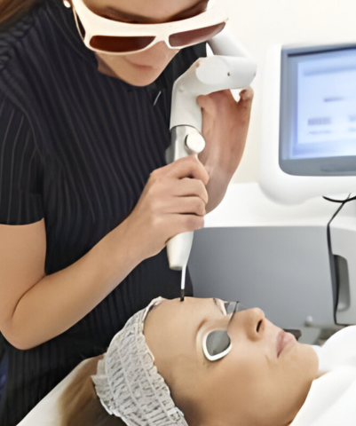 A professional is utilizing laser equipment on the face of a woman receiving laser treatment at a clinic