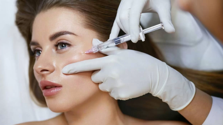 A woman is receiving cosmetic treatments using injections of Long-Lasting Anti-Ageing Treatment at a spa.