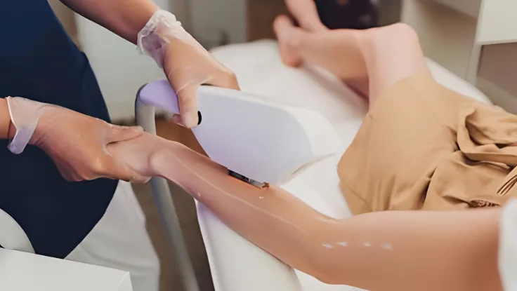 A person undergoing laser hair removal treatment on their arm in a professional hair removal clinic.