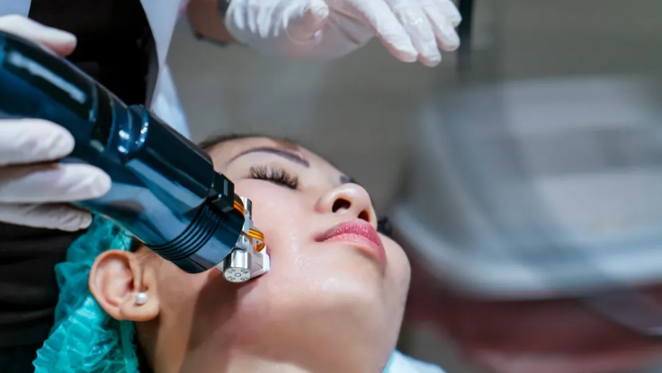 A female client receiving facial laser treatment, a common aesthetic technique for MNRF treatment